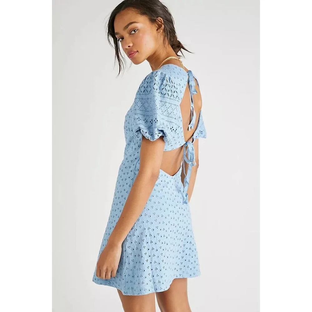 Free People Light Blue Eyelet Puff Sleeve Open Back Mini Dress Large